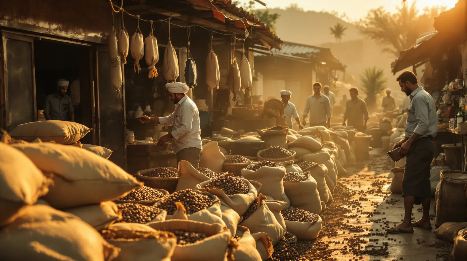 farmers at a coffee market with burlap sacks of beans.