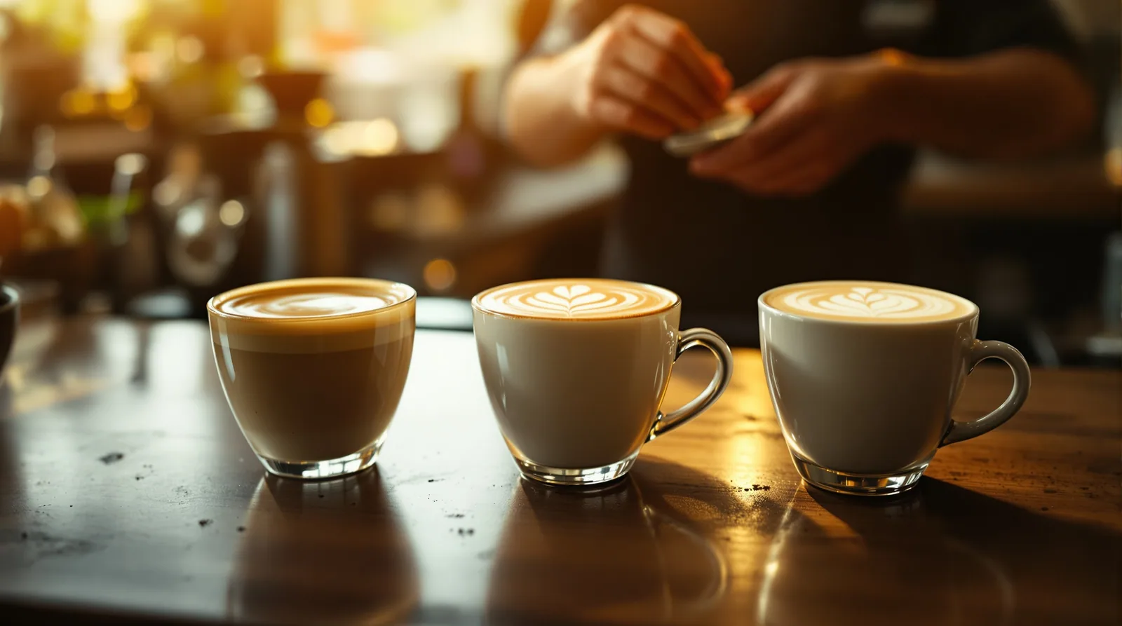 a cortado, flat white, and cappuccino lined up in a cozy coffee shop.