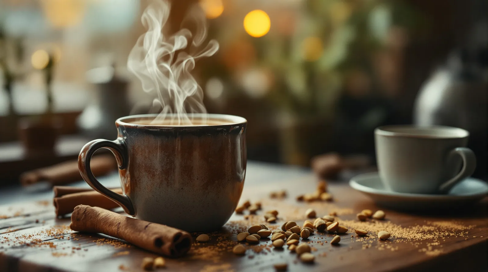 dirty chai latte with steam, cinnamon, and cardamom in a cafe.