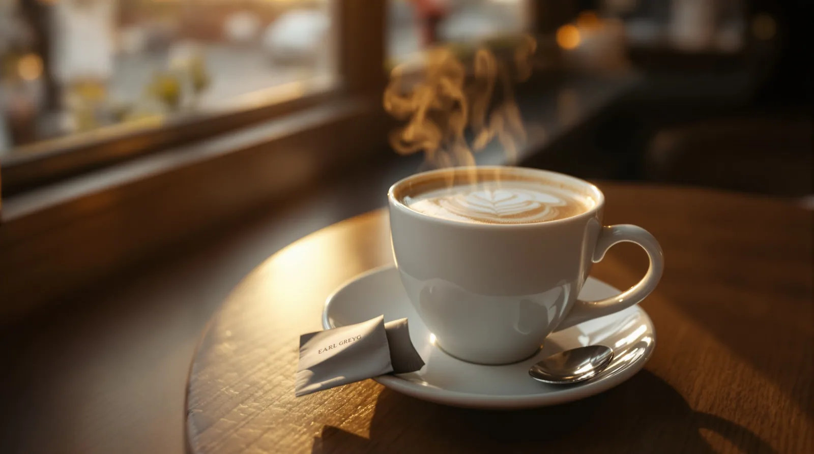 a warm london fog tea latte on a cafe table.