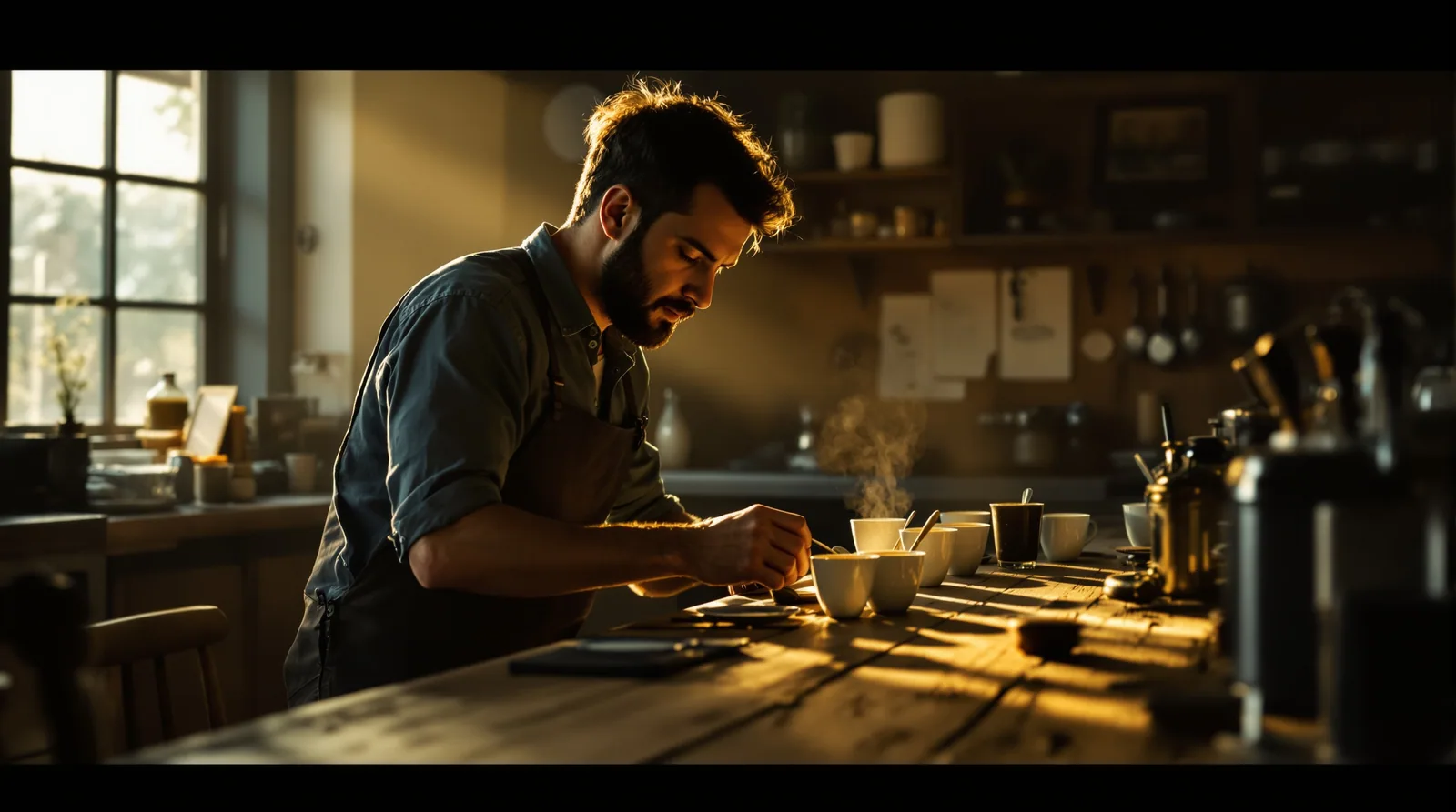 q grader evaluating coffee samples in a dimly lit lab