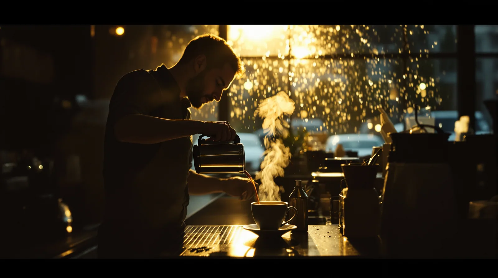 barista pouring espresso into drip coffee in dim-lit cafe