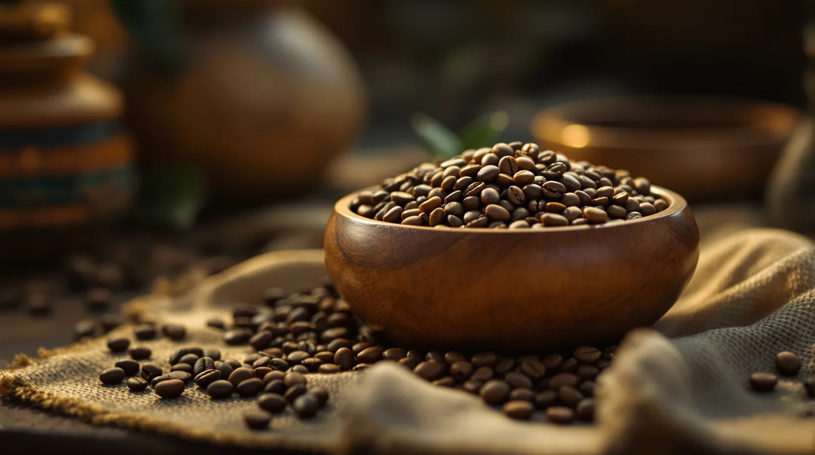 gesha coffee beans in a bowl with ethiopian artifacts.