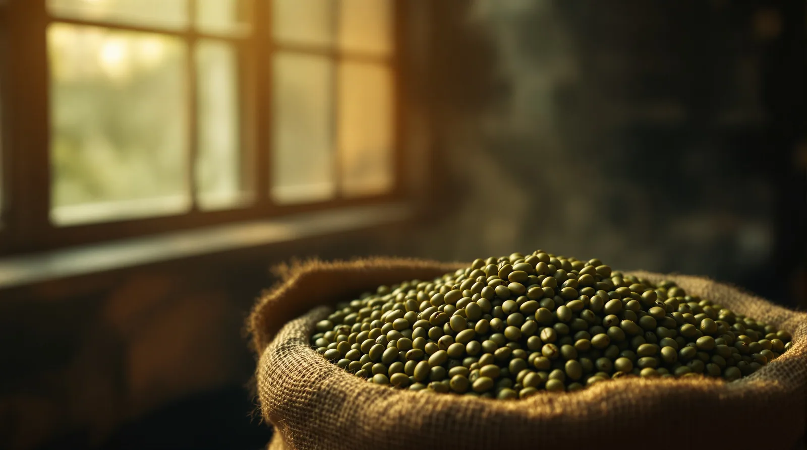 raw green coffee beans in a burlap sack in a roastery.