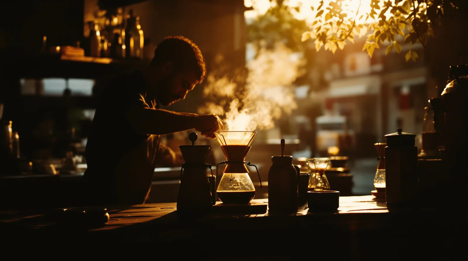 a barista in addis ababa brews heirloom coffee with a chemex.
