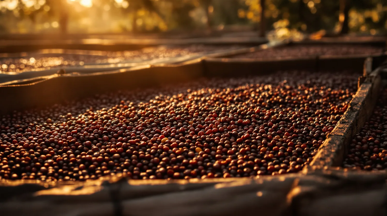 coffee cherries drying on raised beds in ethiopia