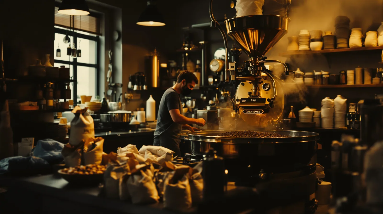 a small roastery with green coffee beans and a 5 kg roaster.
