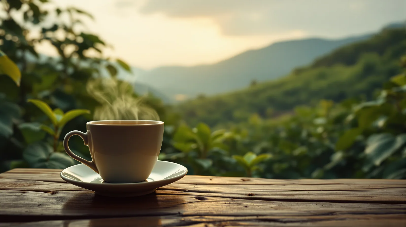 a steaming cup of coffee amidst coffee plants under an overcast sky.
