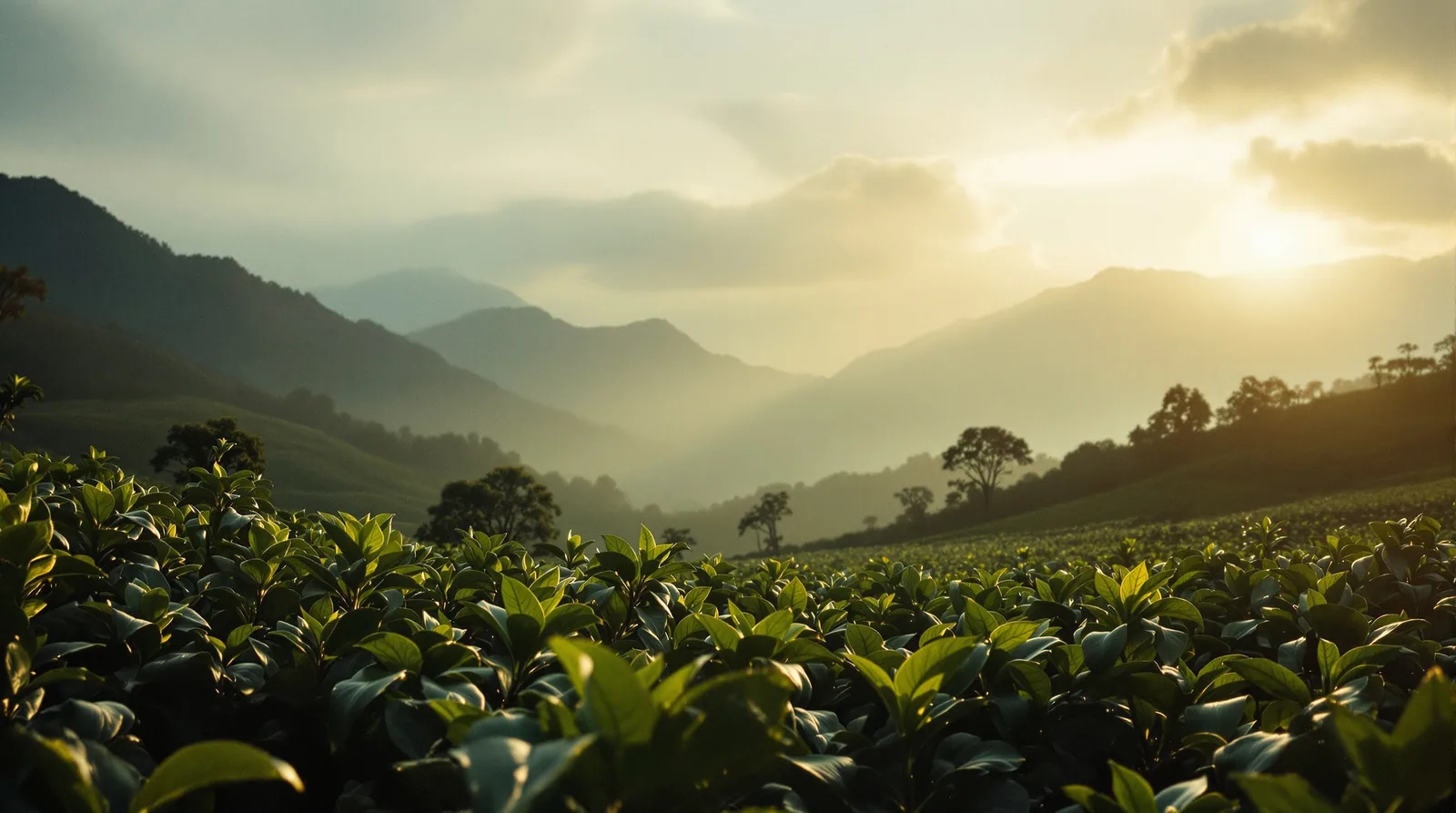 coffee farm in brazil with lush green plants and misty mountains.