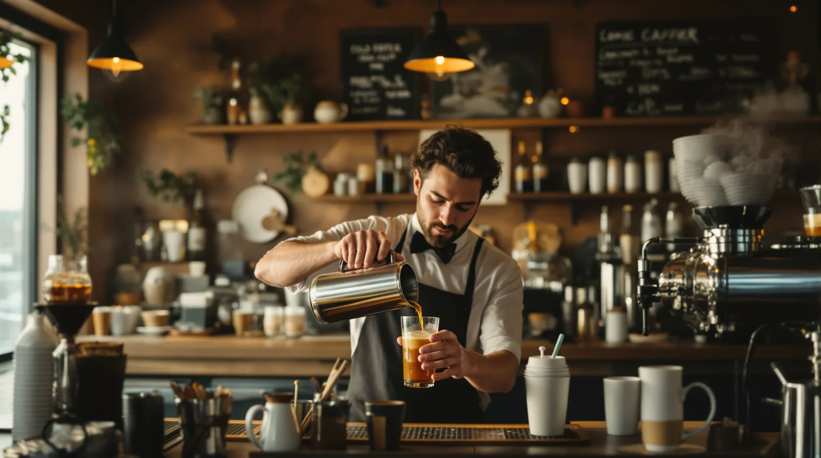 barista pouring cold brew over ice at a california café.