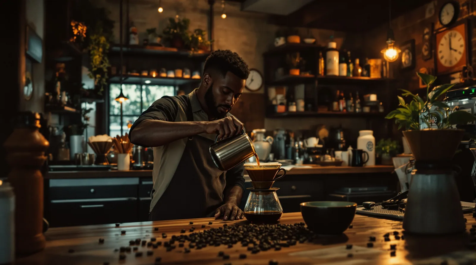 barista pouring kenyan coffee in a nairobi cafe