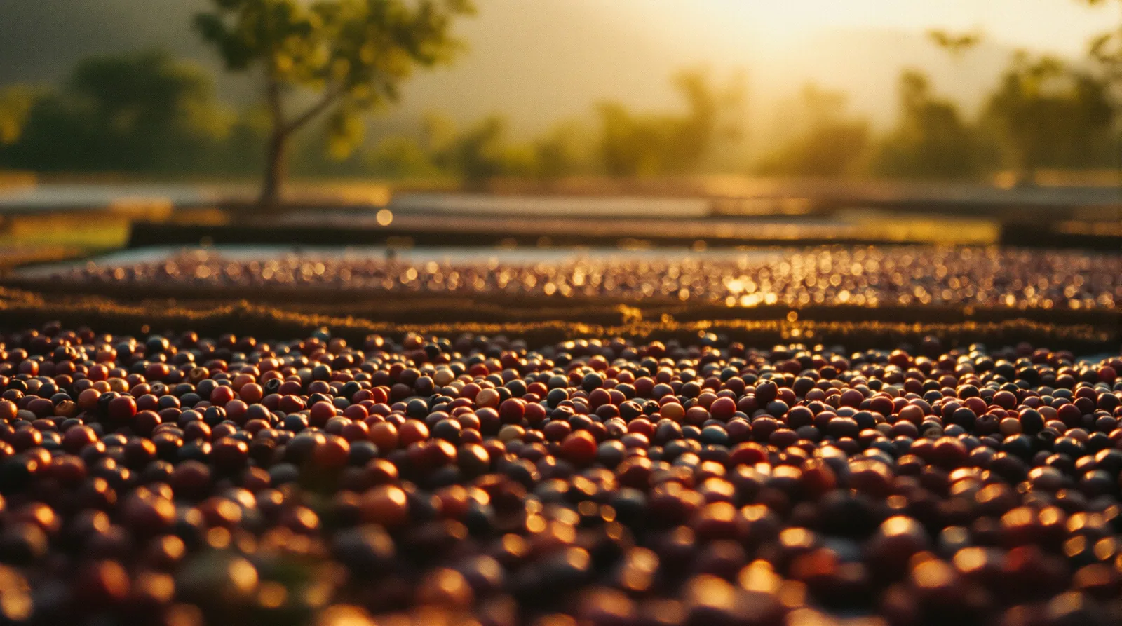ethiopian coffee cherries drying on raised beds at sunset.