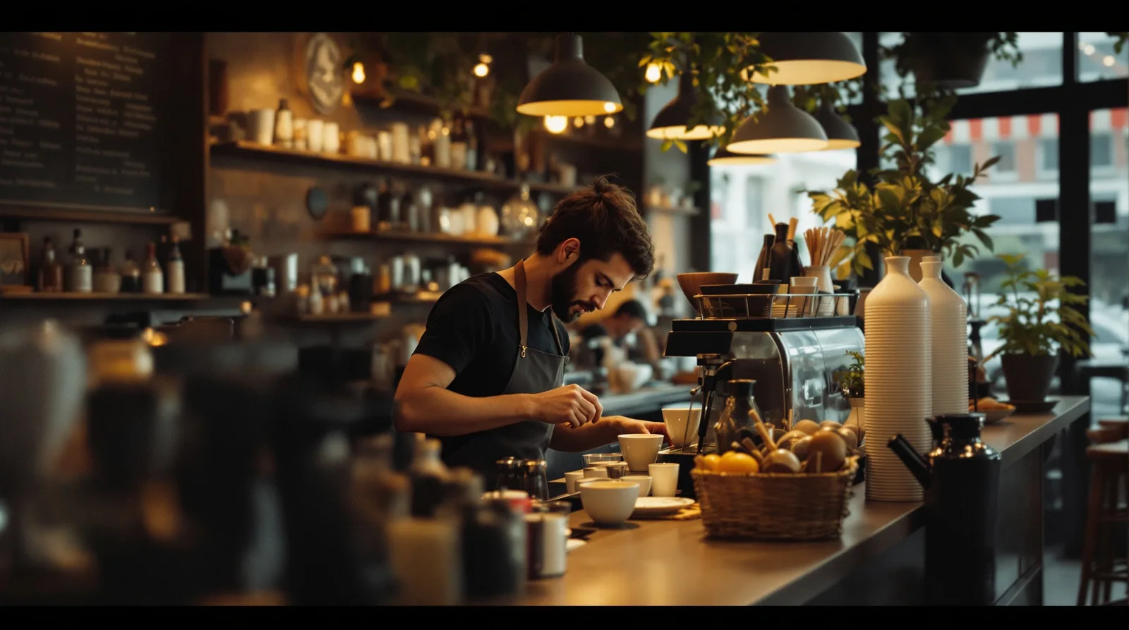 barista crafting a flat white at a busy cafe counter, warm light.