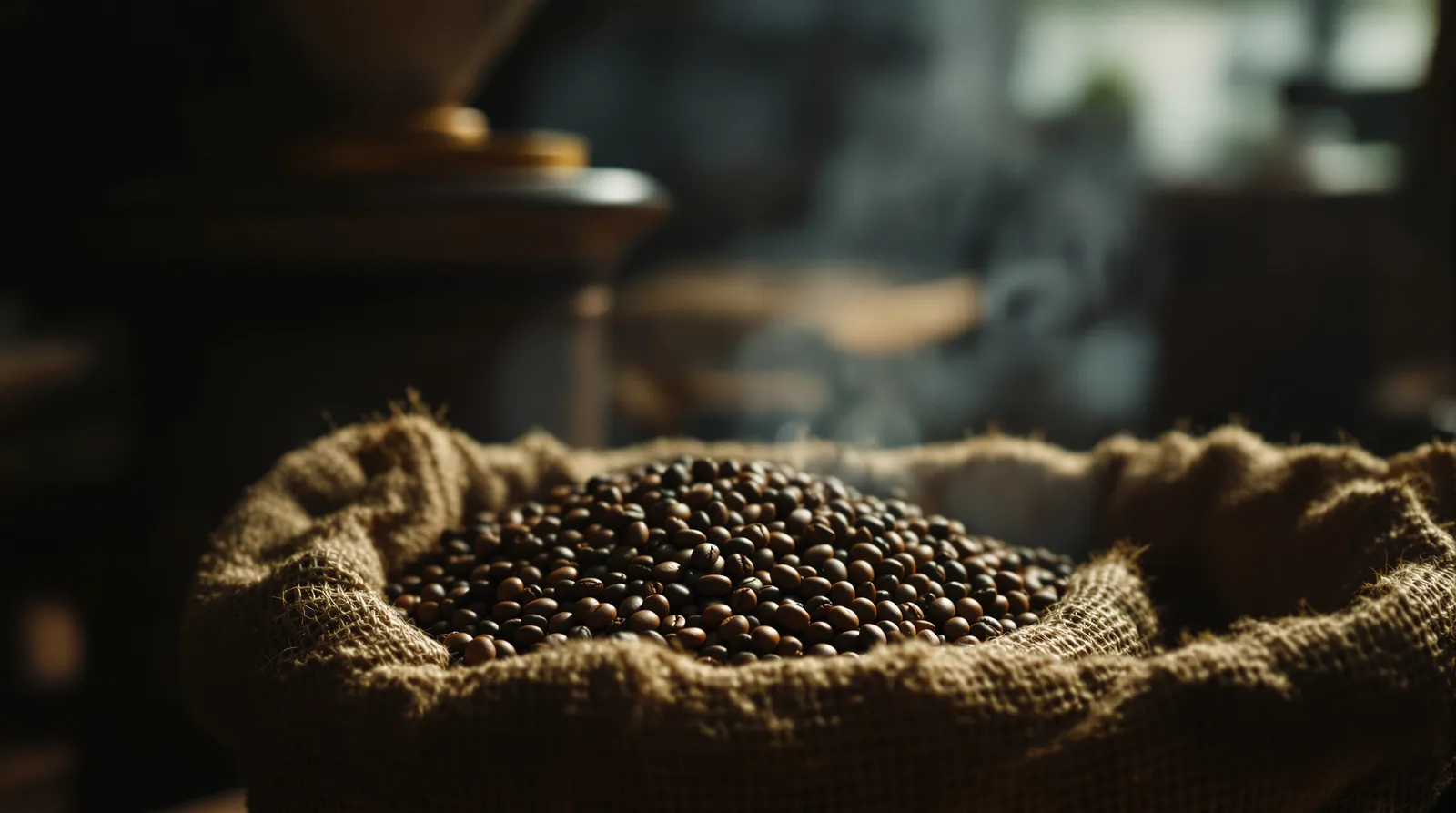 yemeni coffee beans in burlap sack with coffee mill