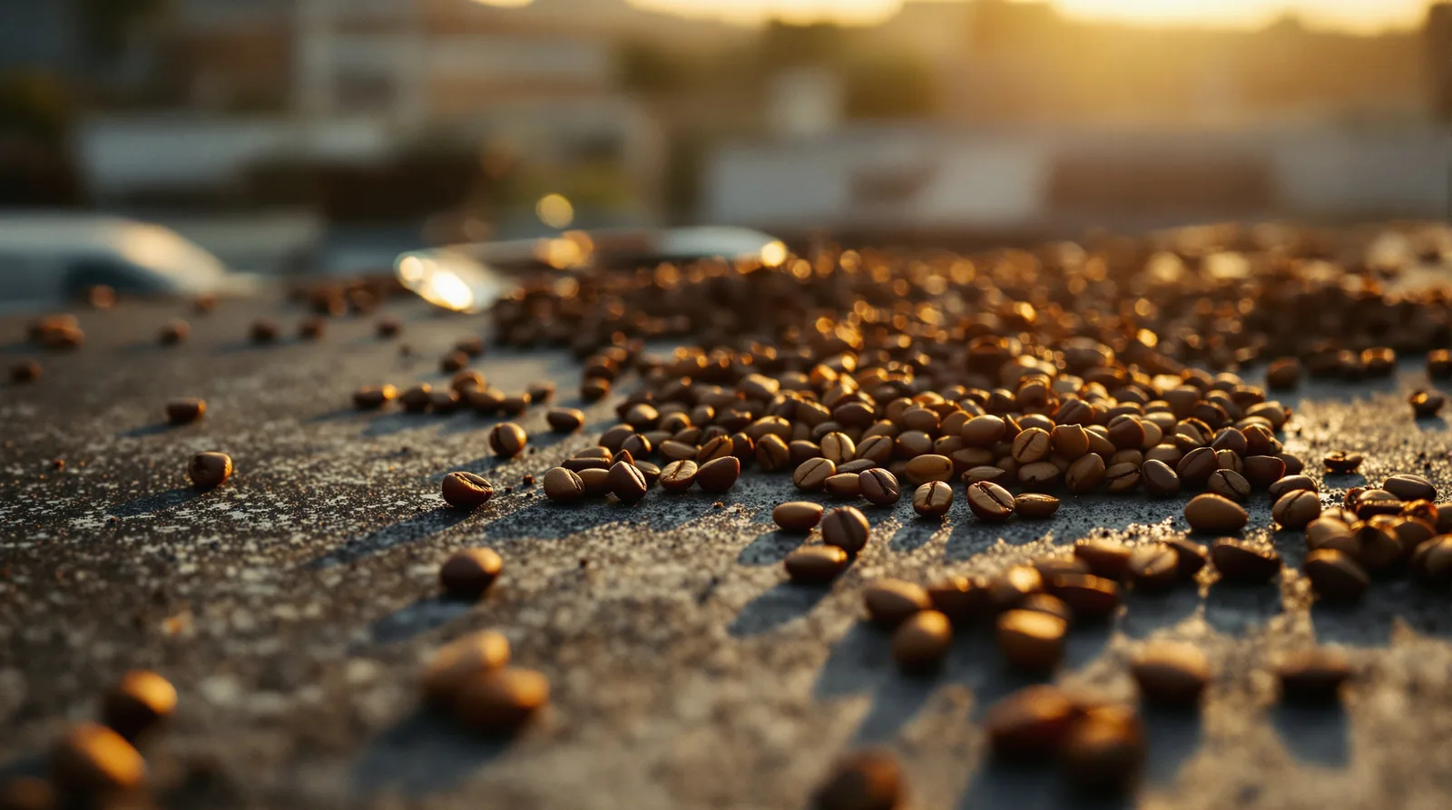 sun-dried yemeni coffee cherries on a rooftop at golden hour.