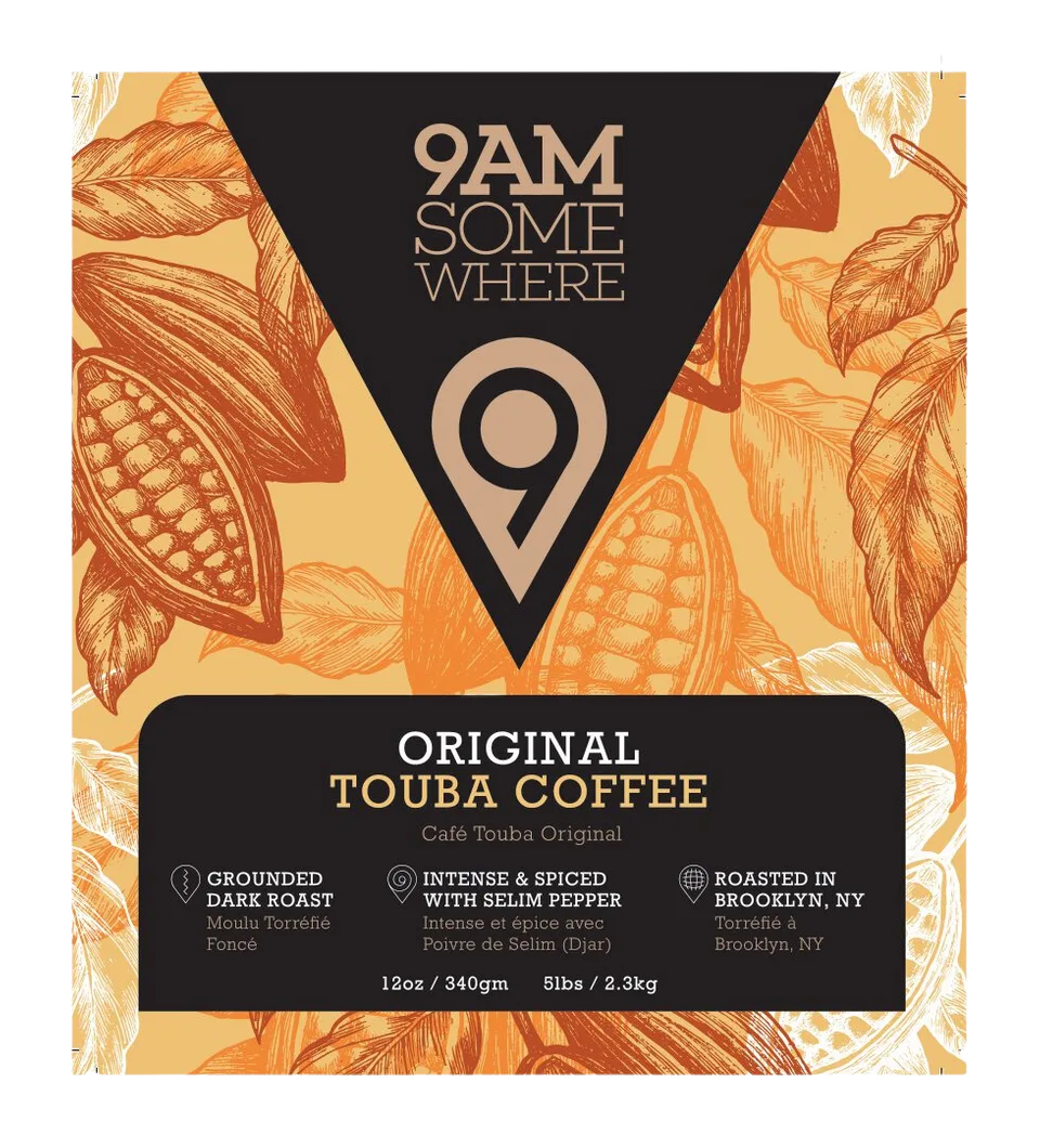 9am somewhere original touba coffee package with cacao pod illustrations and location details., 9 a.m. somewhere coffee, new 