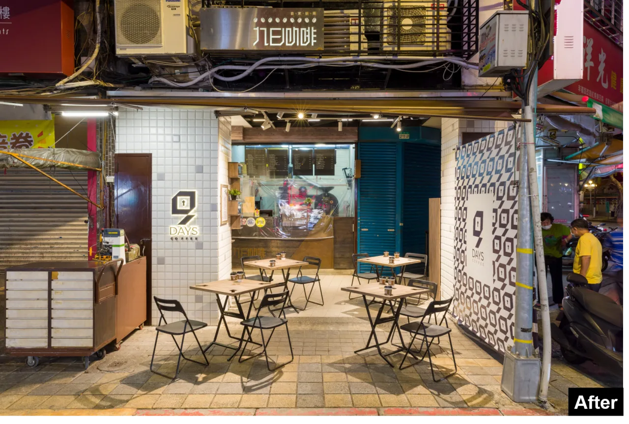 modern café storefront with wooden tables, black chairs, and minimalist design aesthetic., 919 coffee shop, taipei