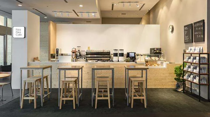 modern minimalist coffee shop interior with wooden counter seating and espresso bar., 919 coffee shop, taipei