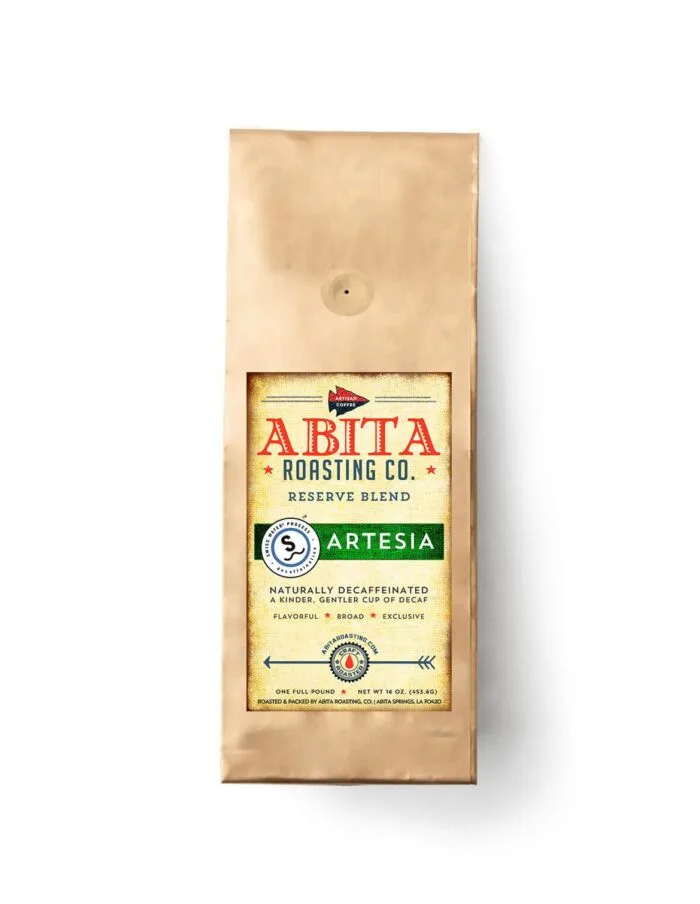 abita roasting co. artesia reserve blend naturally decaffeinated coffee bag, one pound., abita roasting company, covington