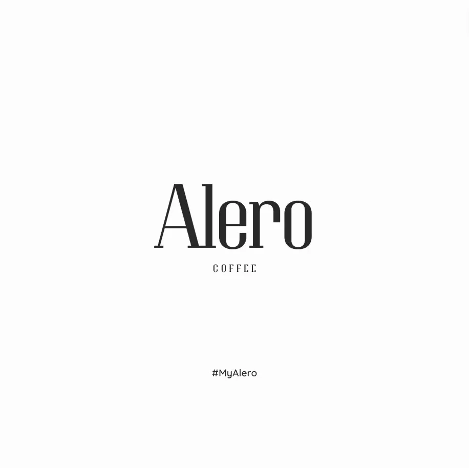 minimalist coffee brand logo "alero" with hashtag "#myalero" on white background., alero coffee, new york city