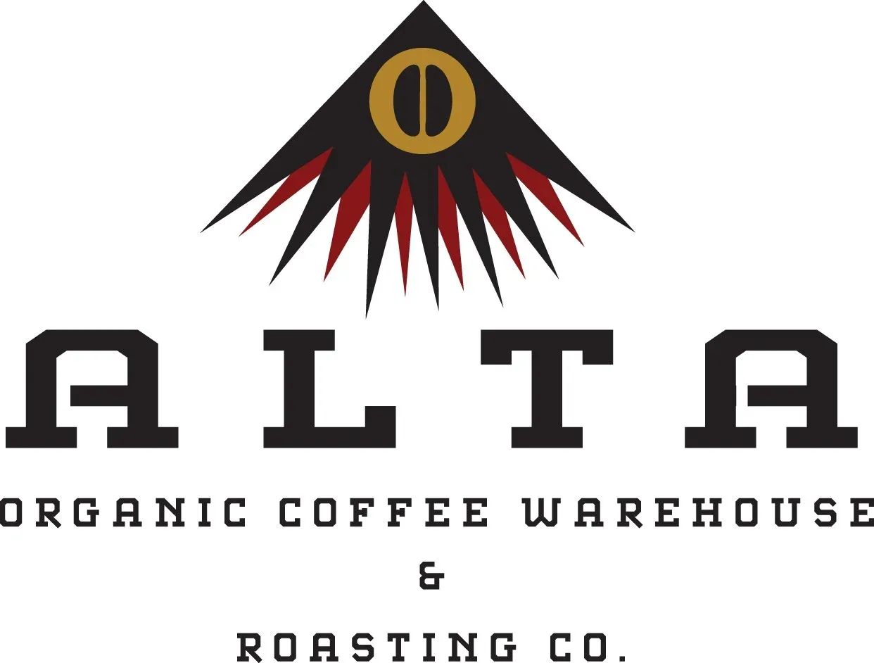 alta organic coffee warehouse and roasting co. logo with golden eye symbol and radiating spikes., alta organic coffee, santa 