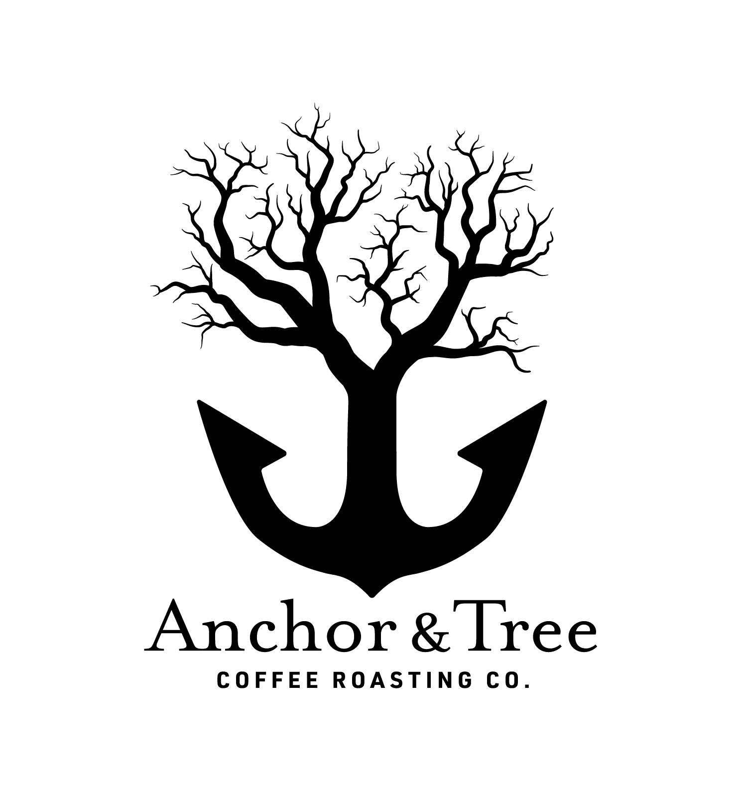 bare tree silhouette merged with anchor symbol, coffee roasting company logo design., anchor and tree coffee roasting, sacram