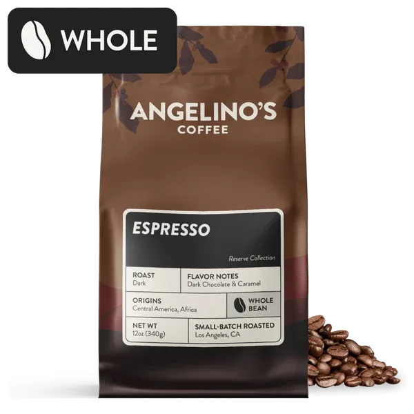 angelino's coffee espresso whole bean bag with dark roasted beans displayed beside it., angelino's coffee, los angeles