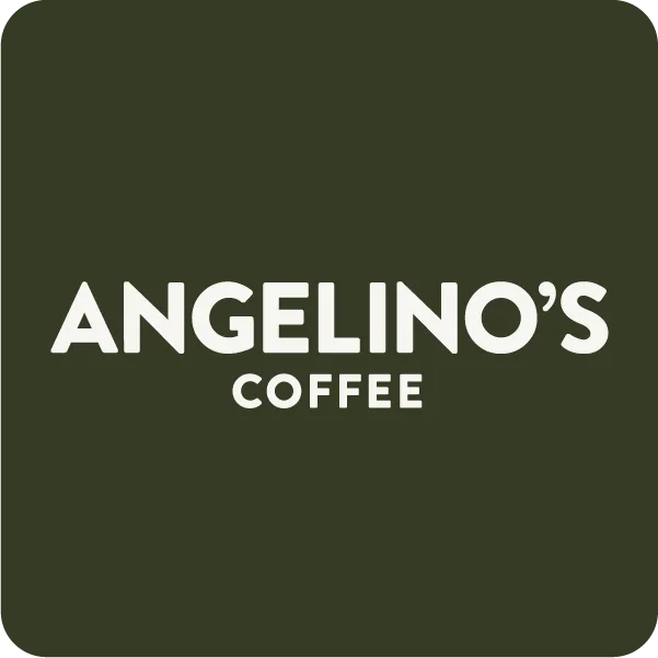 angelino's coffee logo with white text on dark green rounded rectangle background., angelino's coffee, los angeles