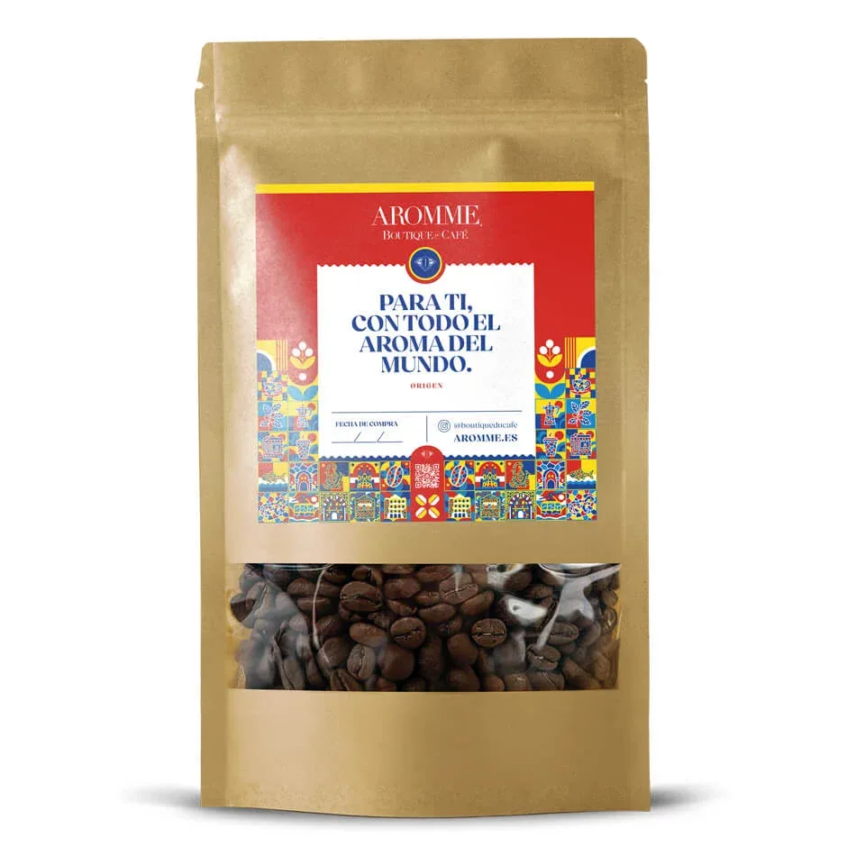 kraft pouch of coffee beans with colorful spanish-language label and window display., aromme boutique du café, barcelona