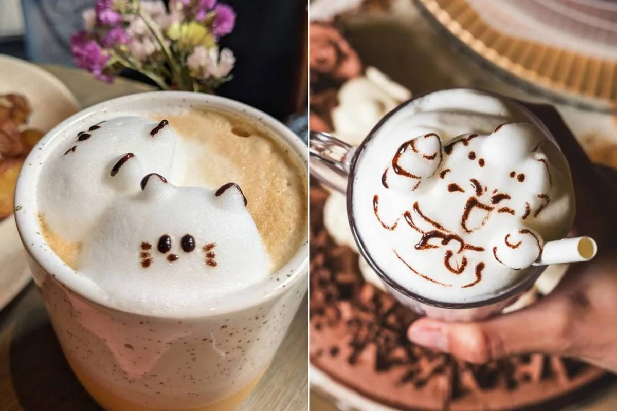 two cups of coffee with decorative latte art featuring cat faces and cocoa powder designs., arty caffé, paris