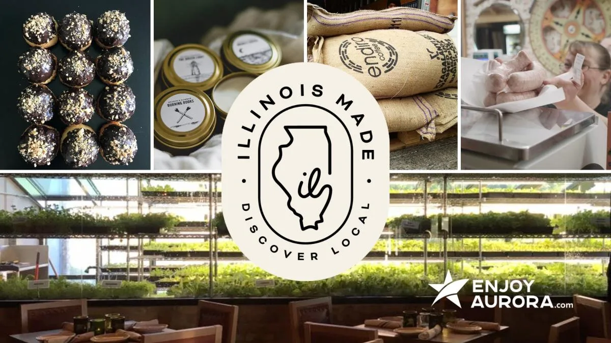 illinois made logo centered with artisan food products and restaurant interior surrounding it., atrevete confections, chicago