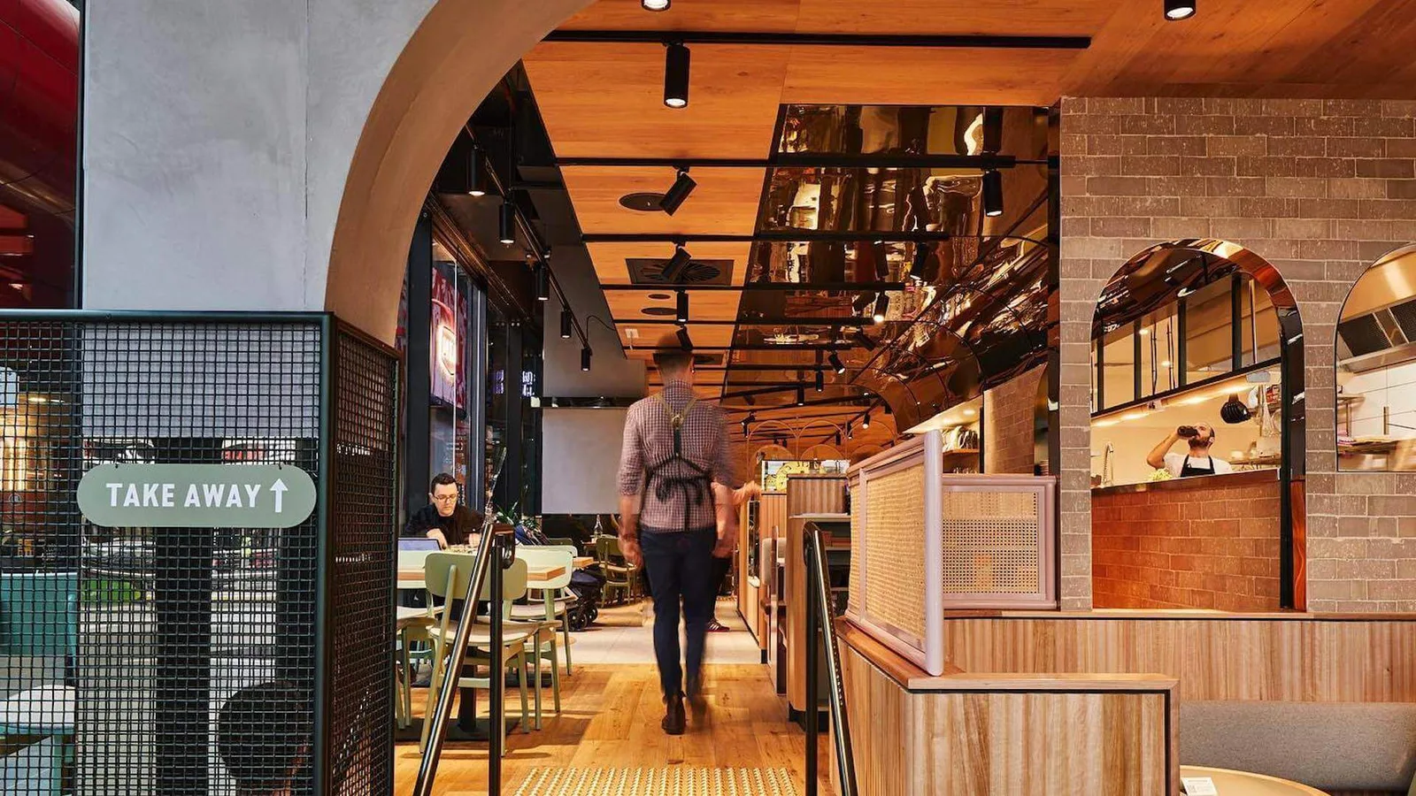 modern restaurant interior with wooden ceiling, brick walls, and takeaway counter., axil coffee roasters hawthorn, hawthorn
