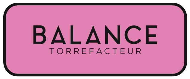 pink rounded rectangle label with "balance" and "torrefacteur" text in black lettering., balance torrefacteur, verdun
