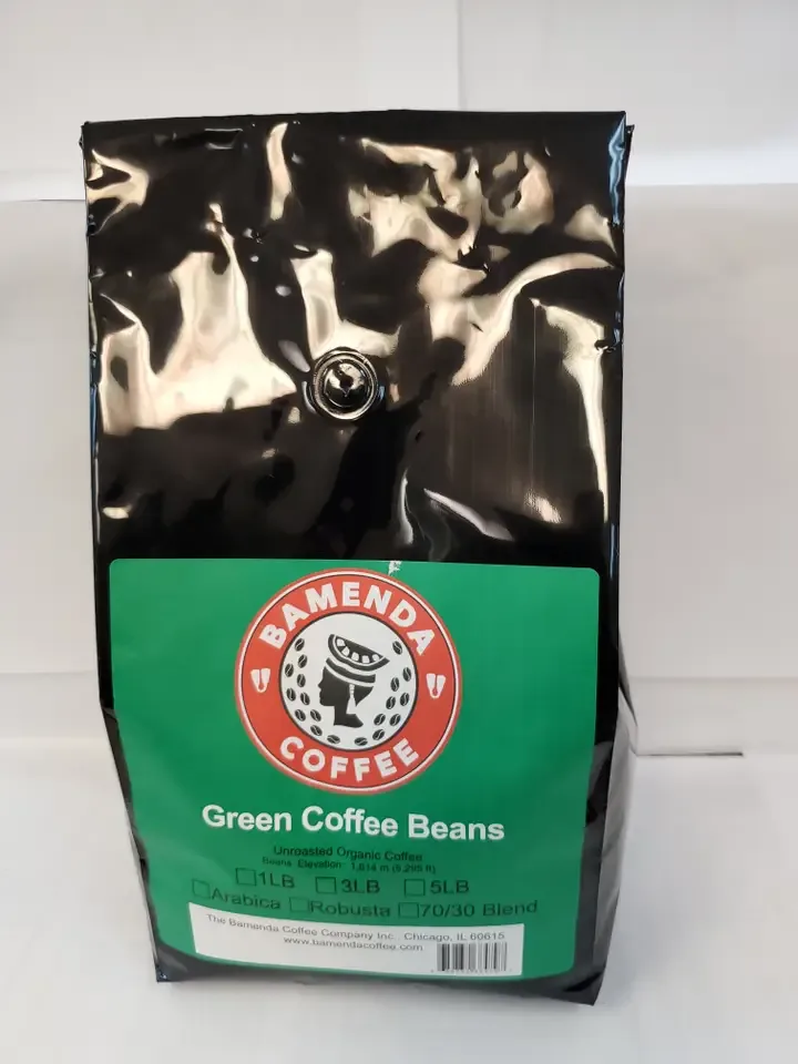 bamenda coffee green coffee beans bag displayed on white surface., bamenda coffee, chicago