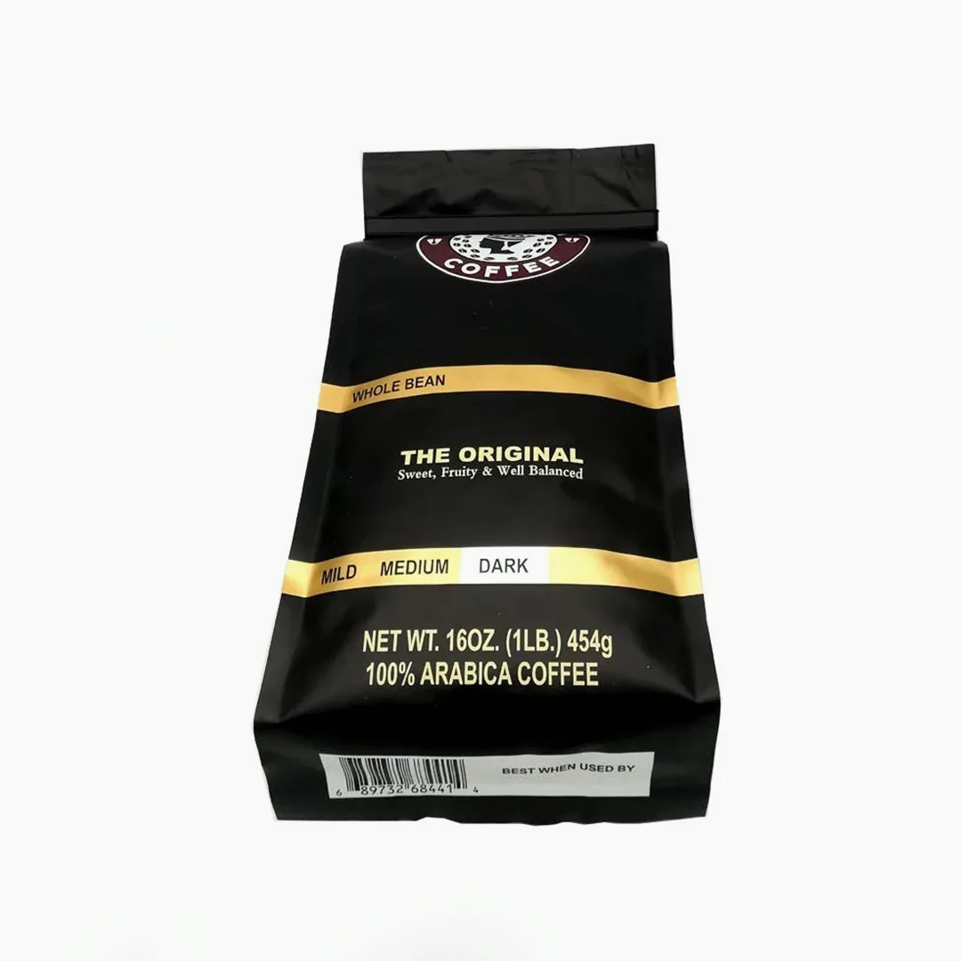 black coffee bag with gold bands displaying "the original" whole bean coffee branding., bamenda coffee, chicago