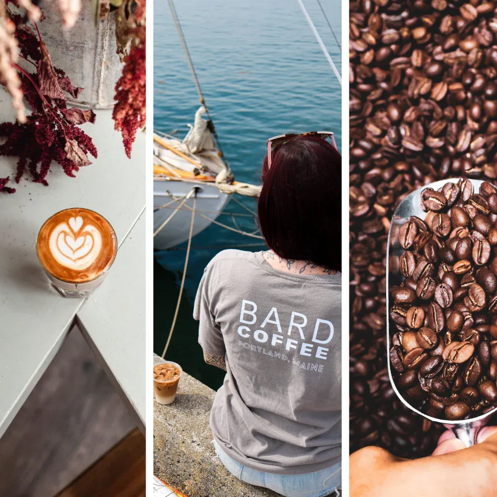 latte art, coastal boat scene, and roasted coffee beans displayed together., bard coffee, portland