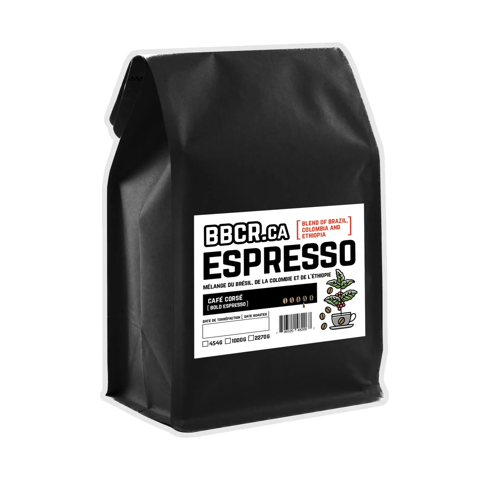black coffee bag labeled bbcr.ca espresso with blend information and roast details., bbcr.ca, gatineau