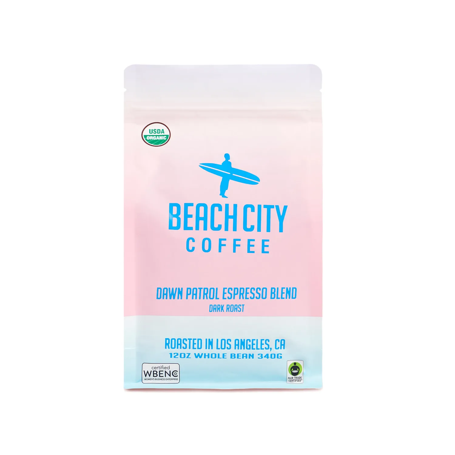 beach city coffee bag with surfer logo, dawn patrol espresso blend, dark roast, twelve ounces., beach city coffee, los angele