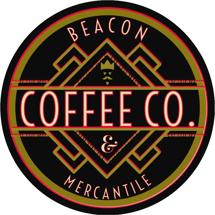beacon coffee co. circular logo with geometric mountain design and mustache icon., beacon coffee company, inc., oxnard