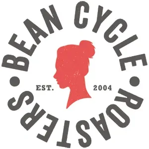bean cycle roasters circular logo with red silhouette profile, established 2004., bean cycle roasters, fort collins