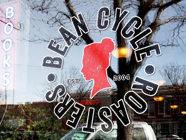bean cycle polish storefront window sign with red silhouette logo, established 2004., bean cycle roasters, fort collins