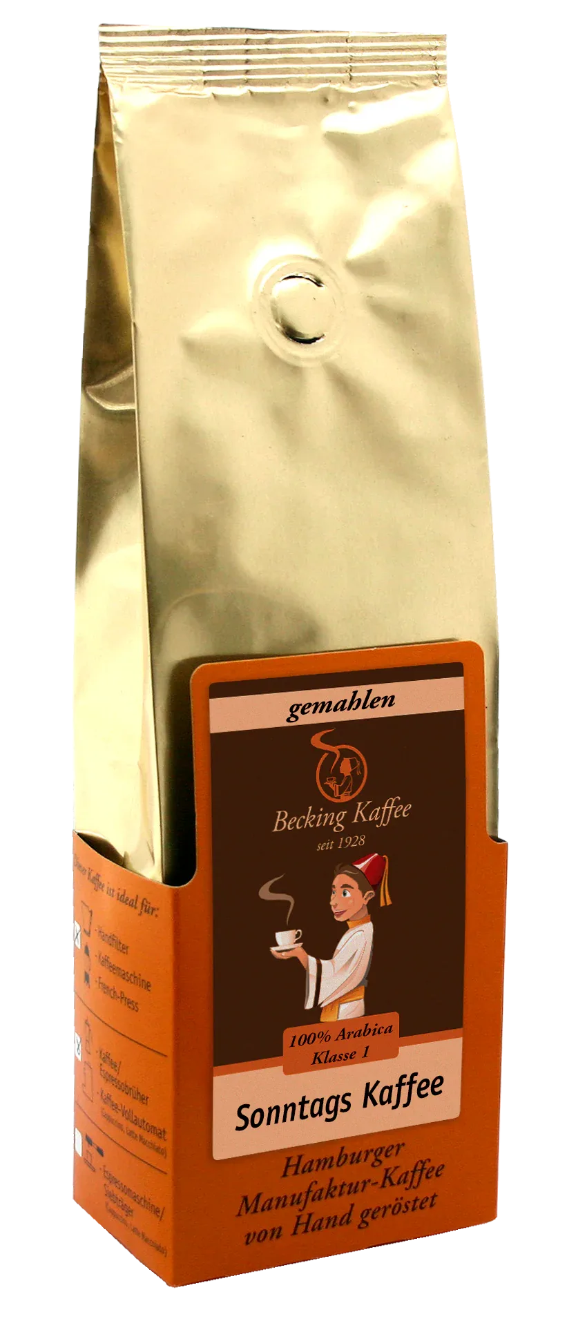 gold foil coffee bag with orange label featuring cartoon character and german text., becking kaffeemanufaktur, hamburg