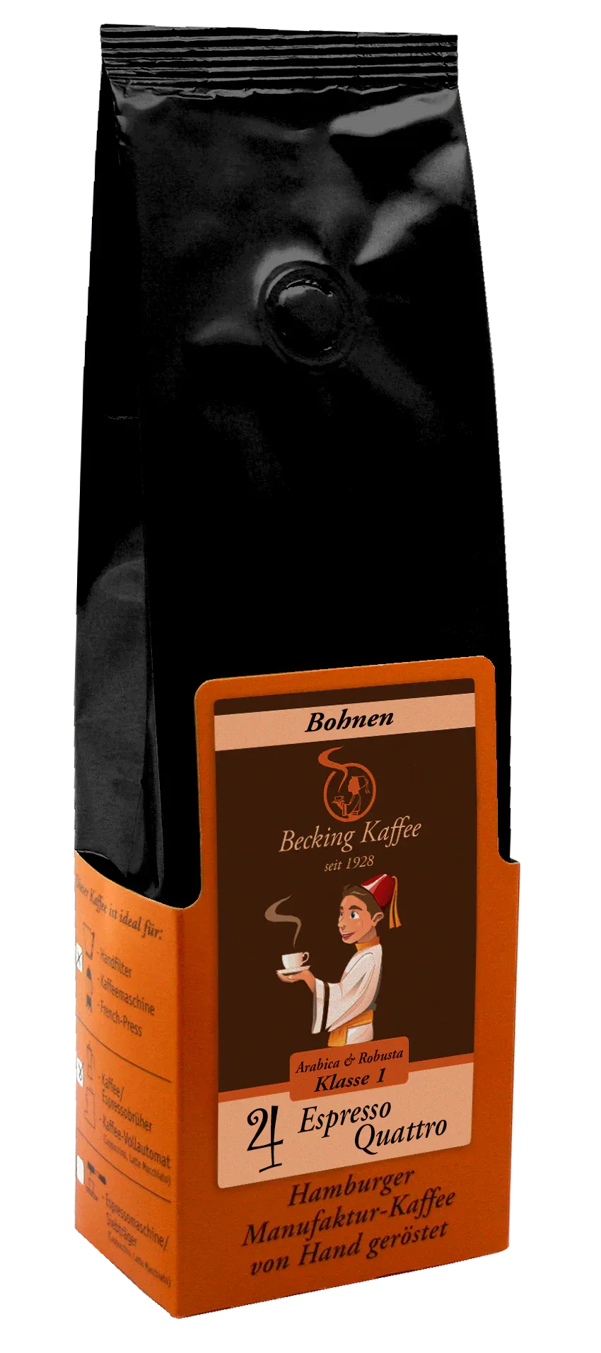 black coffee bag with orange label, becking kaffee espresso quattro beans., becking kaffeemanufaktur, hamburg