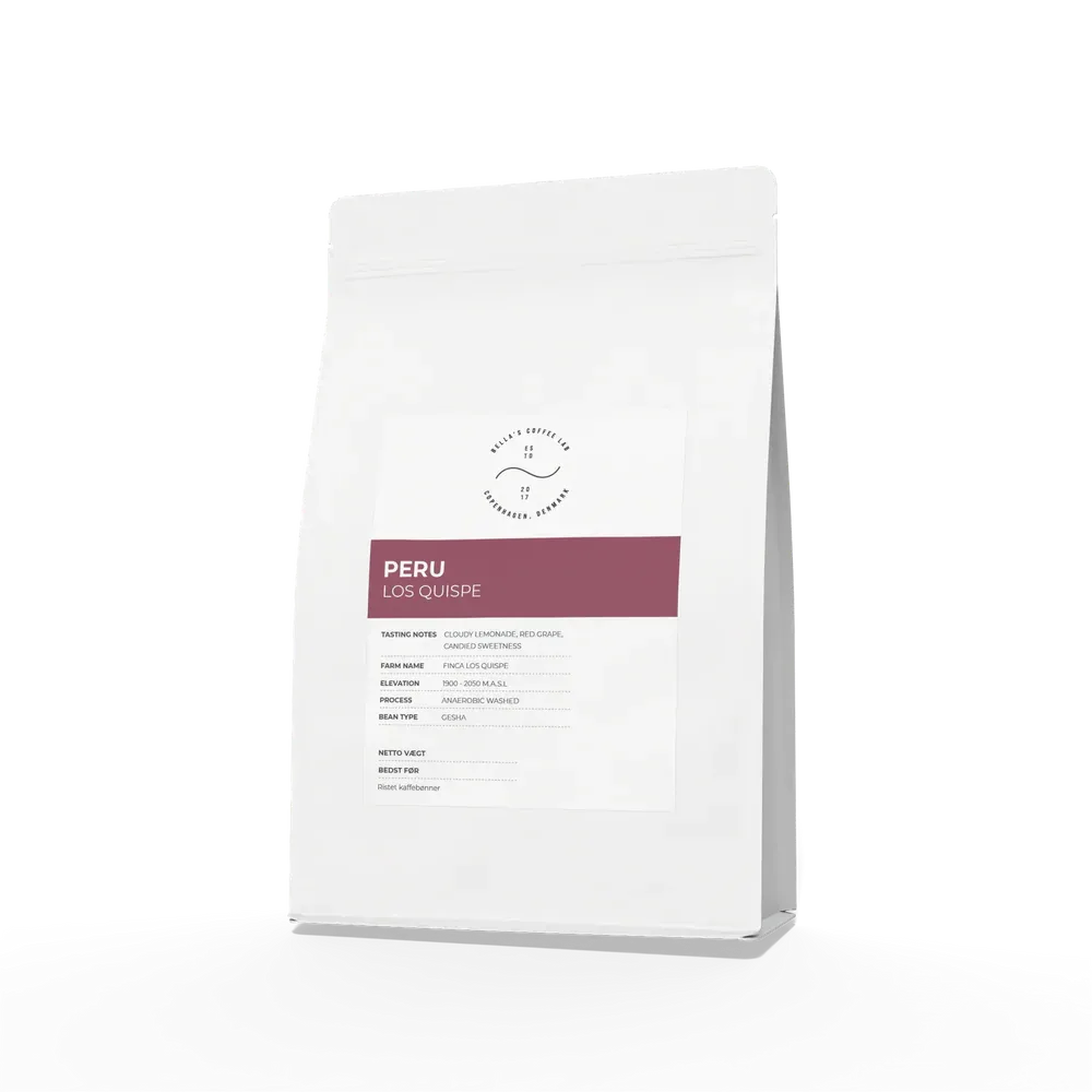 white coffee bag labeled peru los quispe with burgundy accent stripe and product details., bellas coffee lab roastery, københ