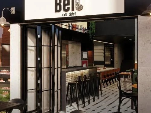 modern café bistro with black framing, bar seating, and geometric floor tiling., belô café, belo horizonte