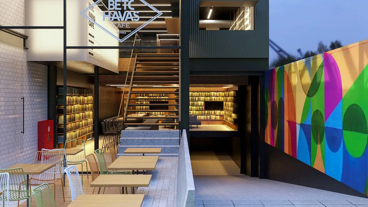 modern café interior with bookshelves, colorful mural wall, and wooden seating areas., betc havas café, são paulo