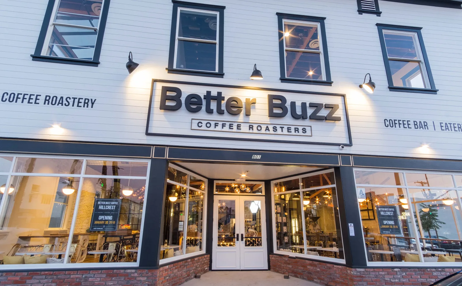 better buzz coffee roasters storefront with illuminated signage and large display windows., better buzz coffee hillcrest, san