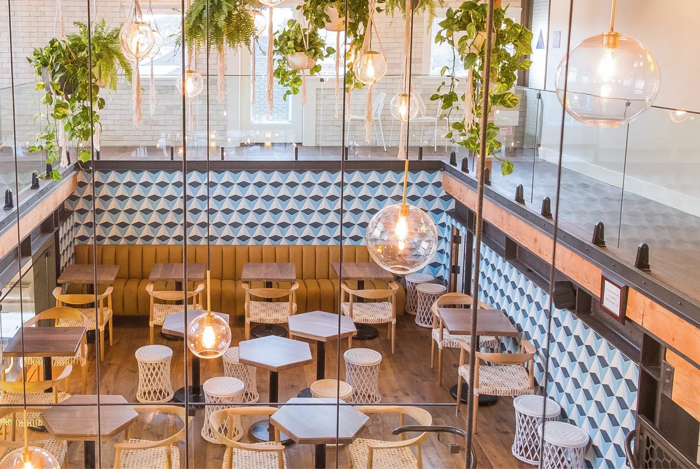 modern café with hanging plants, geometric tile walls, pendant lights, and wooden furniture., better buzz coffee hillcrest, s