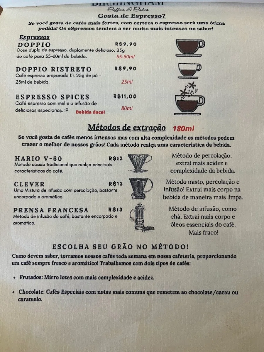 brazilian coffee shop menu displaying espresso drinks and brewing methods with prices., birmingham coffees & cakes, são berna