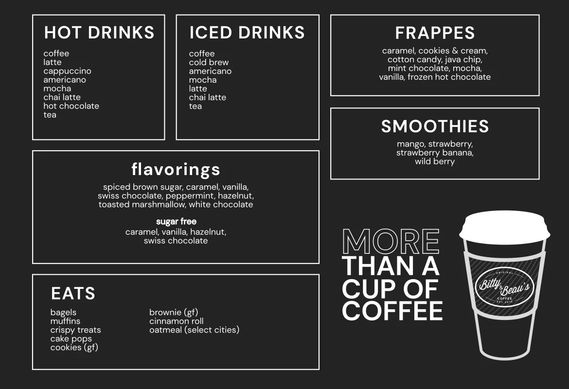 coffee shop menu displaying drinks, flavors, food items, and branding., bitty & beau’s coffee, savannah